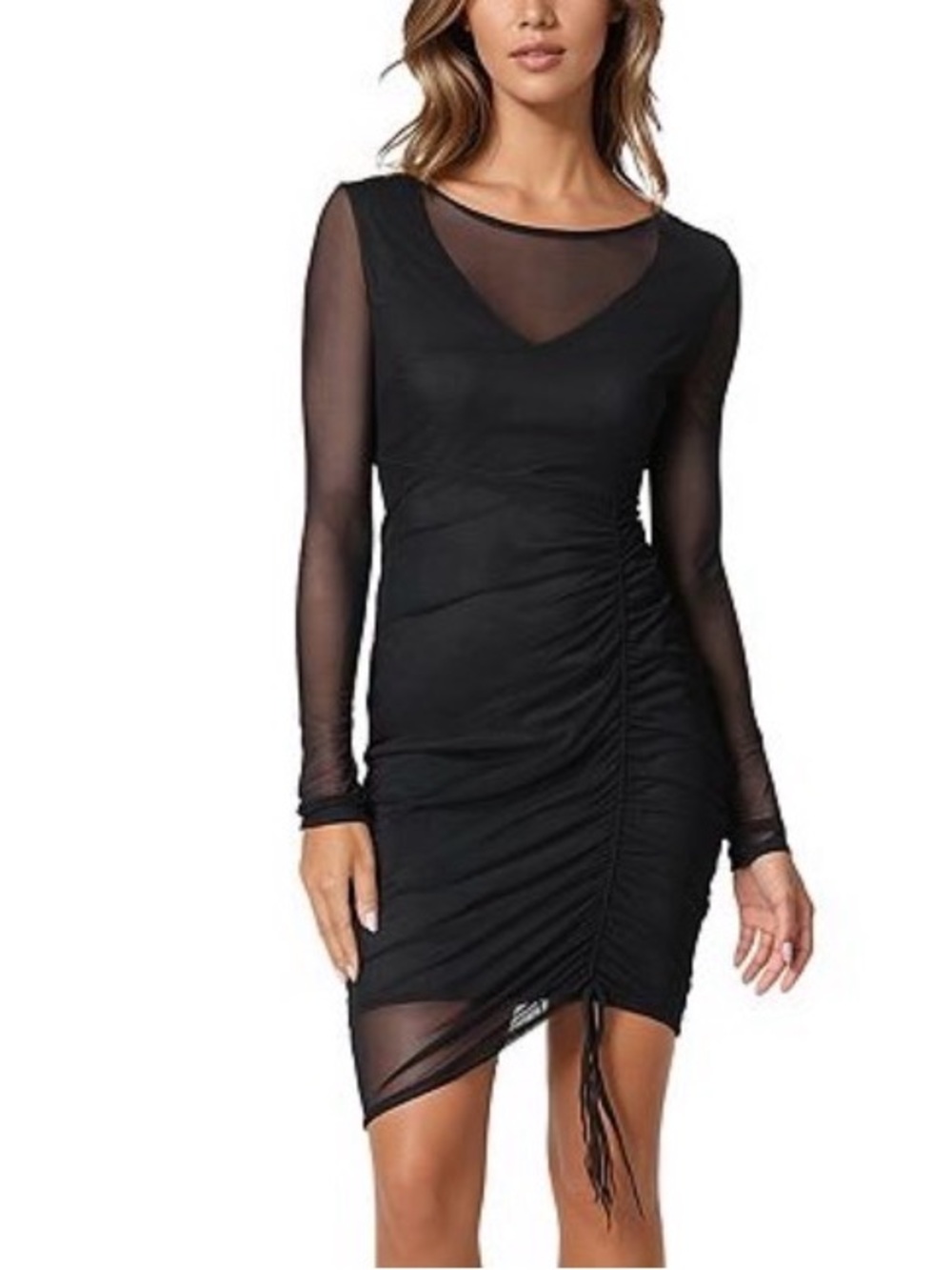 bebe Powermesh Long Sleeve Mini Dress with Ruching in Black Size XS